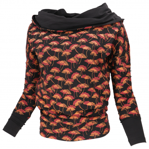 Lockeres Longshirt aus Bio-Baumwolle, Boho Shirt Schalkapuze - schwarz/rot
