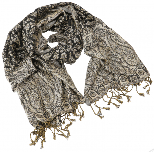Indian pashmina scarf, shawl, stole with paisley pattern - black - 200x70 cm