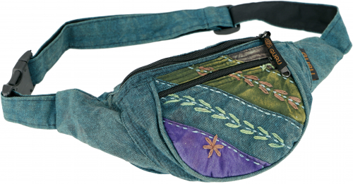 Embroidered ethno sidebag, Nepal fanny pack - petrol - 15x20x8 cm 