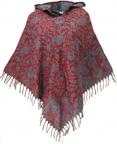 Ethno, hippie poncho with long pointed hood - wine red/petrol