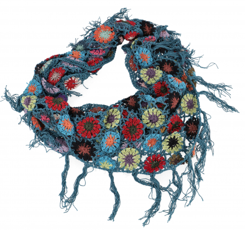 Crochet stole, hippie flower crochet scarf, triangular scarf - petrol - 80x160 cm
