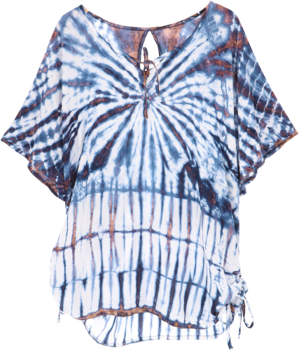 Batik tunic with ribbons, maxi tunic, beach dress, plus size - petrol/white