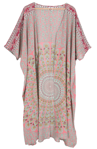 Light summer kimono, cape, beach dress with mandala pattern - pink/green