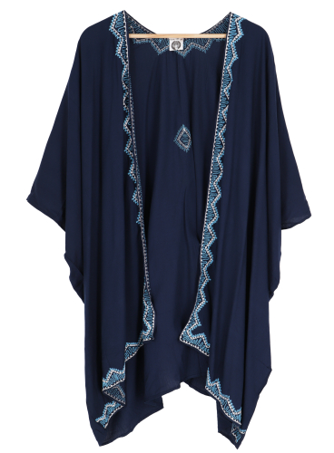 Short embroidered summer kimono, kaftan, beach dress - midnight blue