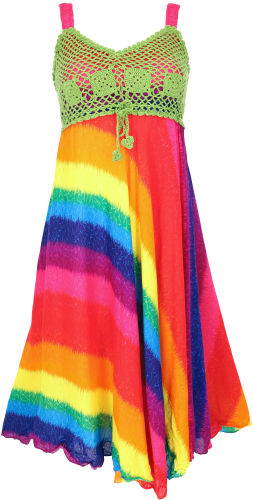 Boho mini dress, summer dress, crinkle dress - rainbow/lemon-green