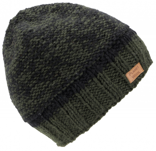 Cozy, hand-knitted wool hat in a pretty tone-in-tone pattern, winter hat - olive green/mottled