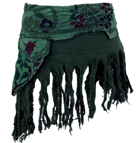 Goa mini skirt, wrap skirt, cacheur, fringed skirt - green