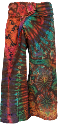 Batik Thai cotton fisherman pants, wrap pants, yoga pants - brown/colorful
