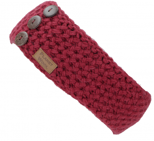 Wool knitted headband with pretty coconut buttons, hand-knitted ear warmer - bordeaux red/3 buttons - 8 cm