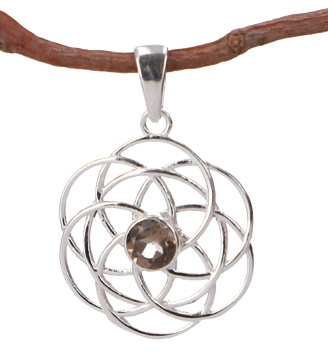 Boho silver pendant, Indian chain pendant made of silver Flower of life - smoky quartz - 3,5 cm 3 cm