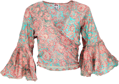Short top, boho blouse top, wrap top, wrap blouse - hibiscus/aqua