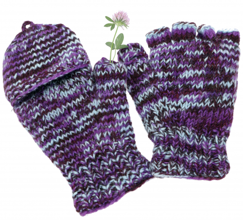 Handgestrickte Handschuhe, Klapphandschuhe Nepal, Wollhandschuhe - violett/hellblau