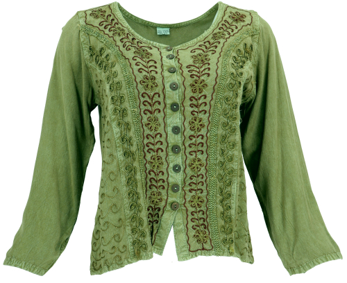 Short blouse top boho chic, indian hippie long sleeve blouse - olive green
