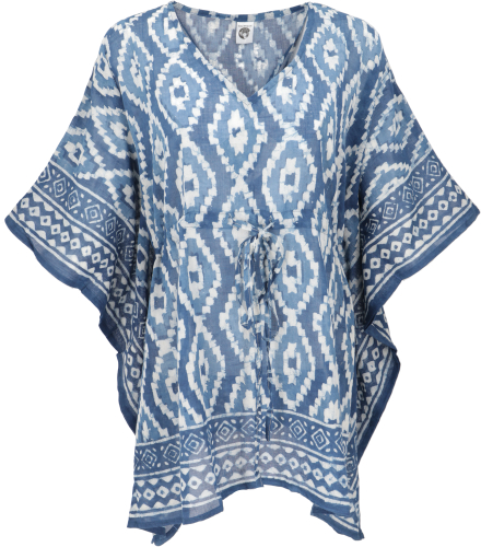 Hippie Poncho, Kaftan, Tunika, Poncho Bluse, oversize Blockdruck Strandkleid - blau