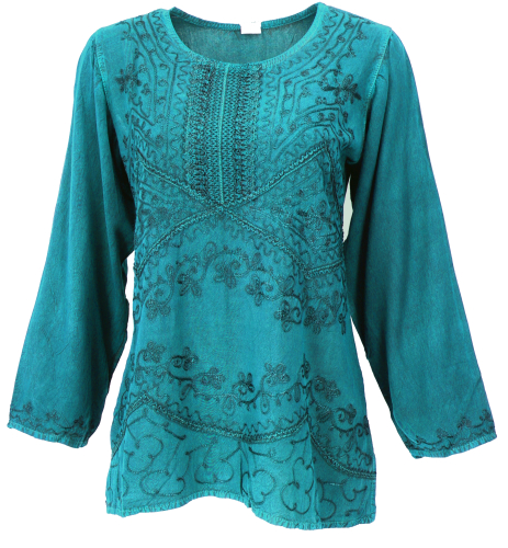 Embroidered Indian hippie long sleeve tunic, boho-chic blouse - turquoise
