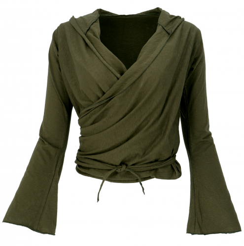 Wrap shirt, yoga shirt, long-sleeved shirt with trumpet sleeves - olive green