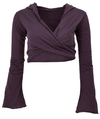 Wrap top, yoga top, long sleeve shirt with trumpet sleeves - eggplant
