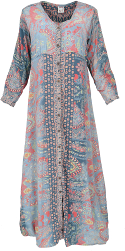 Maxi dress, wide boho saree summer dress with long sleeves - dove blue