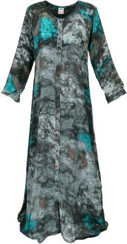 Maxi dress, wide boho saree summer dress with long sleeves - gray/petrol