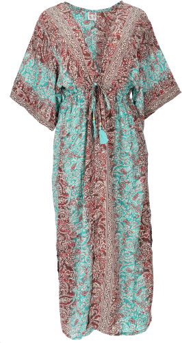 Kimono dress, silky shiny boho kimono, kimono robe - aqua/brown