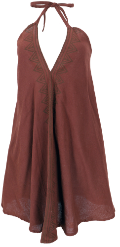Boho mini dress, halterneck dress, long top - rust brown