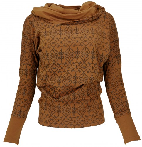 Loose long shirt made of organic cotton, boho shirt shawl hood - caramel/taupe