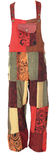 Patchwork dungarees, unisex boho overall, cotton dungarees with straight leg - orange/red