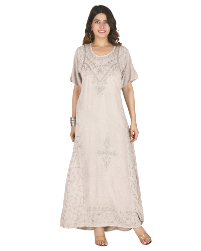 Besticktes Boho Sommerkleid, indisches Hippie Kleid - beige/Design 11