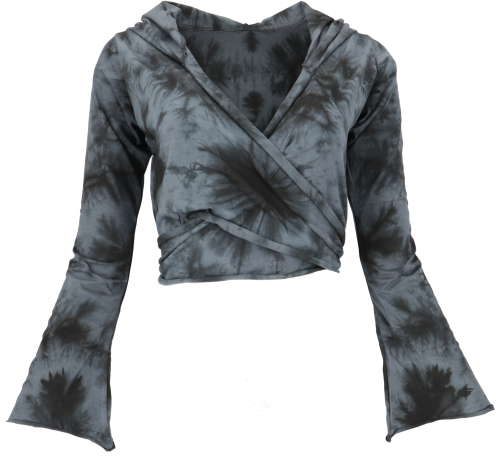 Wrap top, yoga top, long-sleeved shirt with trumpet sleeves - batik/gray
