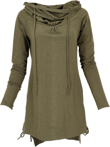 Long shirt, mini dress with wide shawl hood - olive