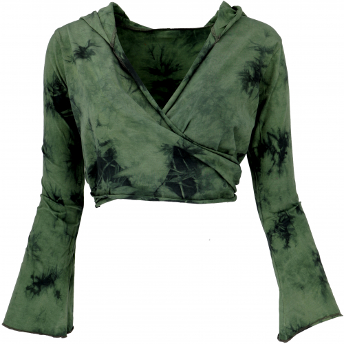 Wrap top, yoga top, long-sleeved shirt with trumpet sleeves - batik/green