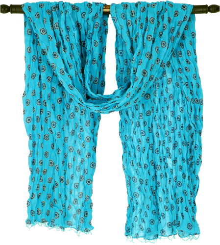 Indian cotton scarf, lightweight scarf with gold print and pearl border - turquoise blue - 200x95 cm