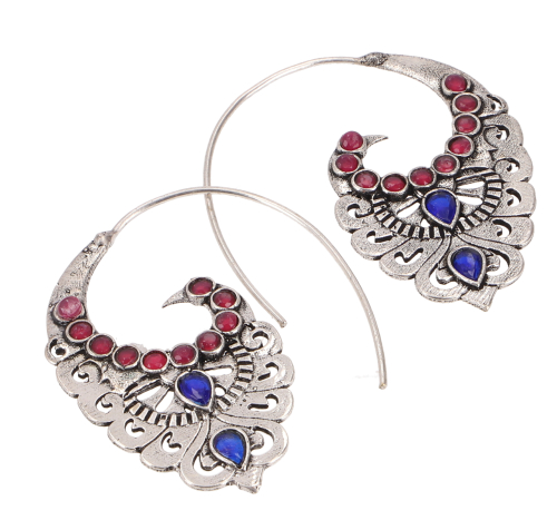 Dangling earrings made of brass and colorful beads, Indian tribal jewelry - red/blue/silver - 5x3x0,1 cm 