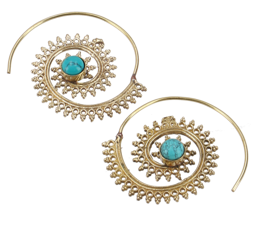 Boho brass earrings, tribal spiral earrings - gold/turquoise - 0,1 cm 4 cm