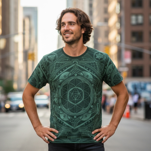 Tibet & Buddhist Art T-Shirt, Flower of Life Mandala stonewash T-Shirt - gr�n