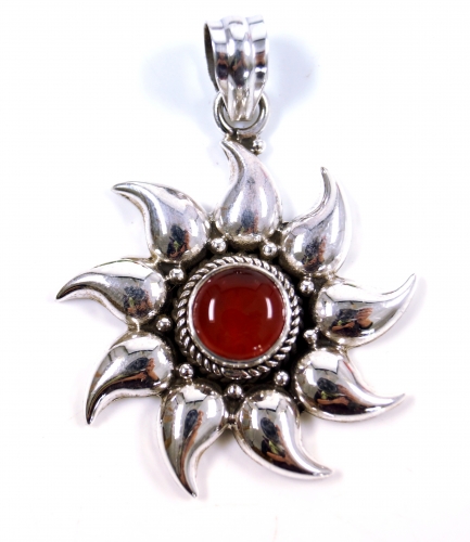 Ethno silver pendant, Indian sun pendant - carnelian 3 cm