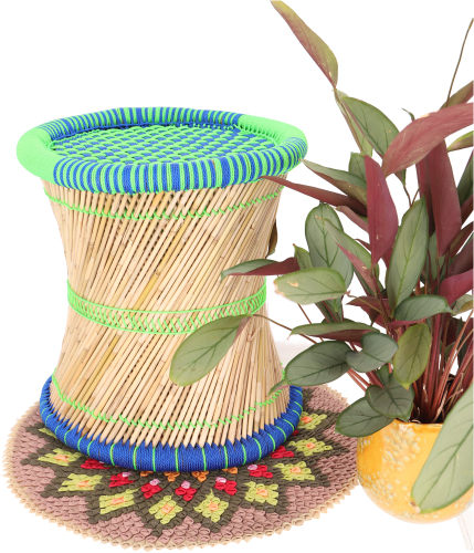 Large Indian wicker stool, bamboo stool, pouf, basket storage - green/colorful - 38x40x40 cm 