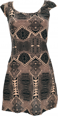 Ethno mini dress, goa dress with sleeves and psychedelic print - black/sand