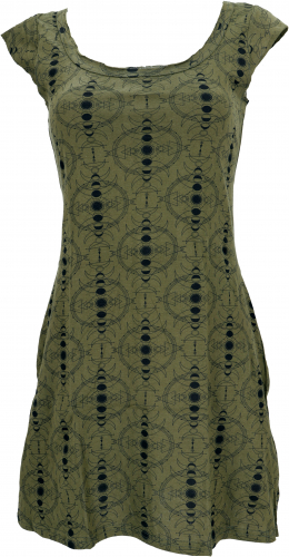 Ethno mini dress, goa dress with sleeves and psychedelic print - olive green