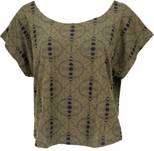Wide women`s T-shirt, oversize goashirt with psychedelic print - olive green