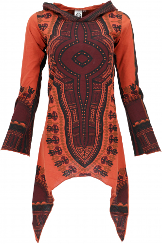 Ethno Pixi mini dress, printed goa dress long sleeve - orange