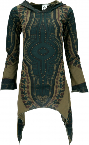 Ethno Pixi mini dress, printed goa dress long sleeve - olive green
