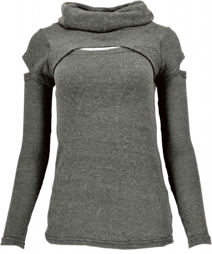 Psytrance fine knit long sleeve shirt with open shoulders and turtleneck - gray