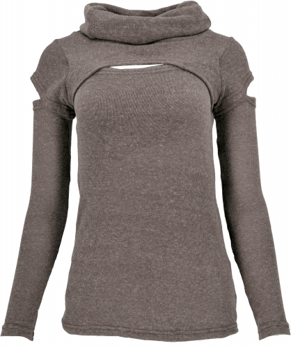 Psytrance fine knit long sleeve shirt with open shoulders and turtleneck - cappuccino