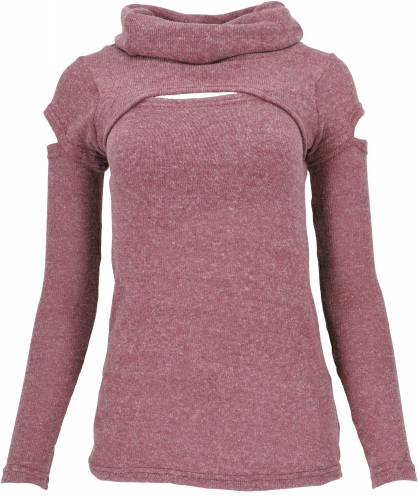 Psytrance fine knit long sleeve shirt with open shoulders and turtleneck - dusky pink