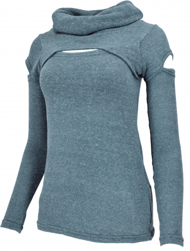 Psytrance fine knit long sleeve shirt with open shoulders and turtleneck - dove blue