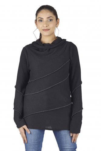 Psytrance fine knit shirt, long sleeve shirt, sweater with overlock - black