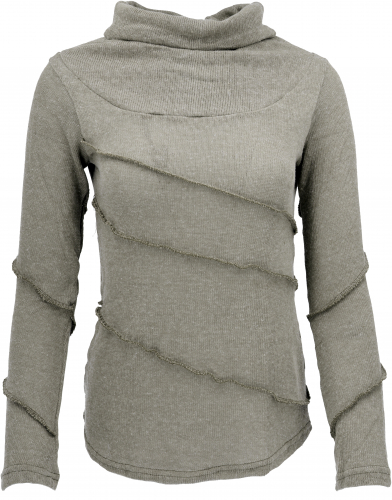 Psytrance fine knit shirt, long sleeve shirt, sweater with overlock - khaki