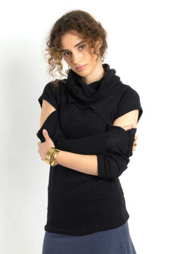 Psytrance fine knit long sleeve shirt with open shoulders and turtleneck - black