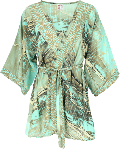 Kimono dress, silky shiny boho kimono, knee-length saree kimono - green/gold